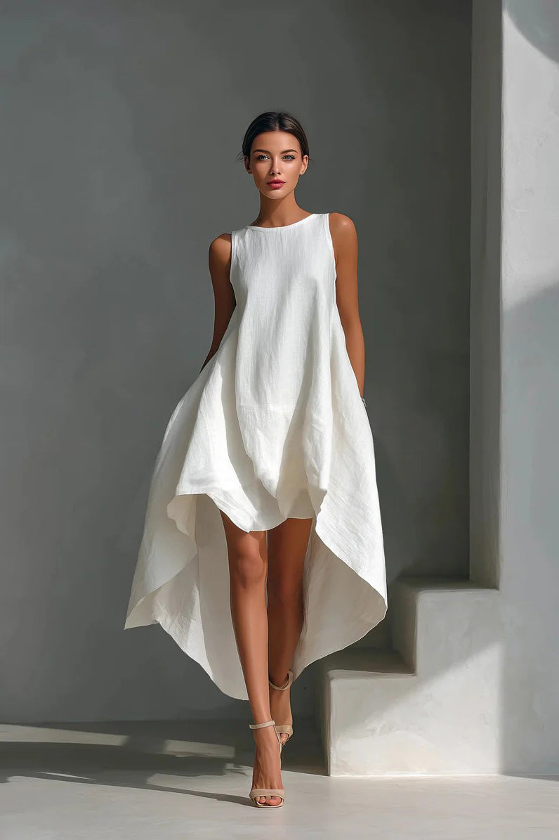 White Linen Asymmetric Dress