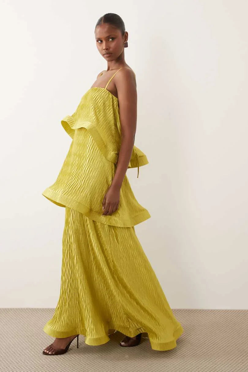 Lime Zigzag Plisse Tiered Trapeze Maxi Dress