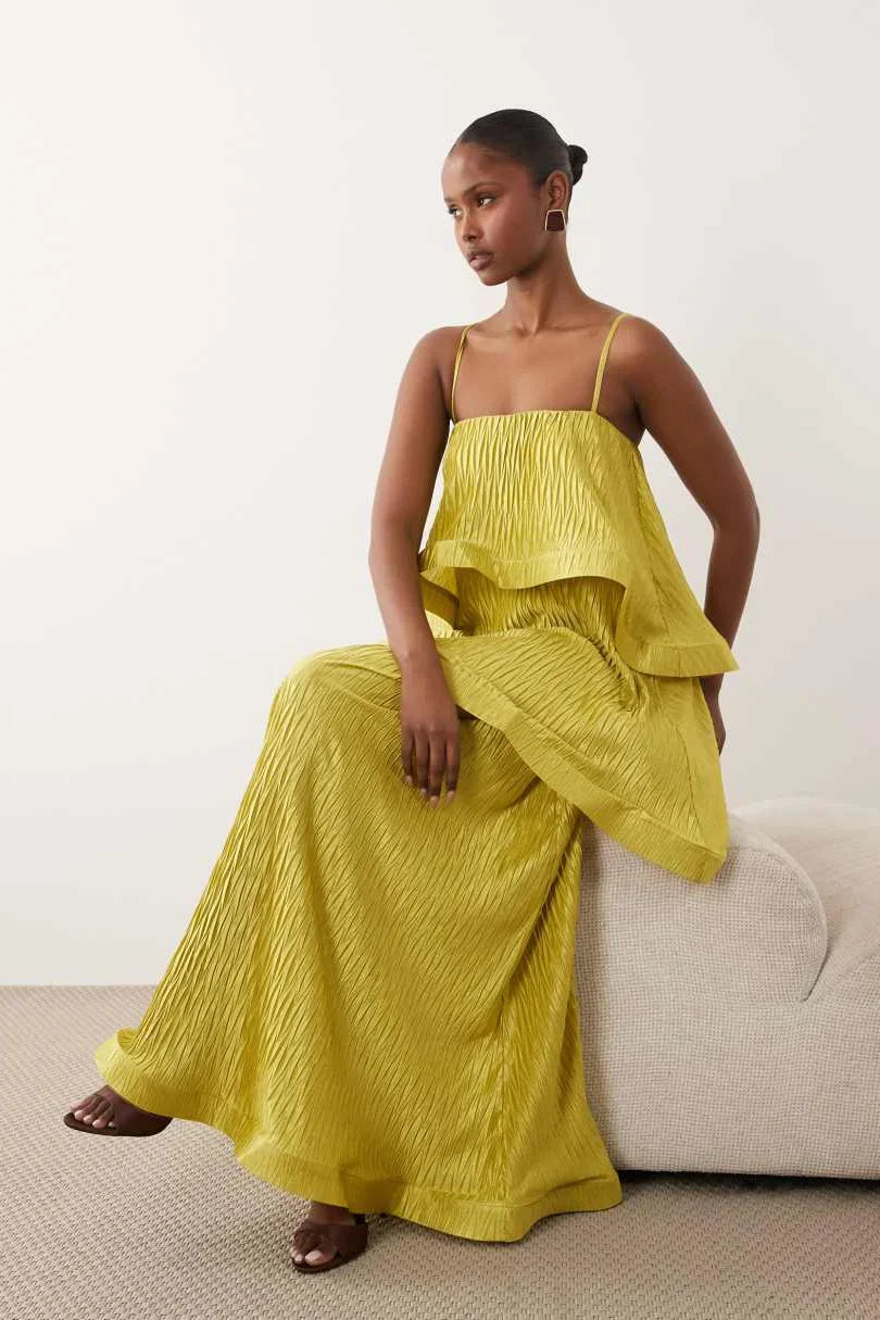 Lime Zigzag Plisse Tiered Trapeze Maxi Dress