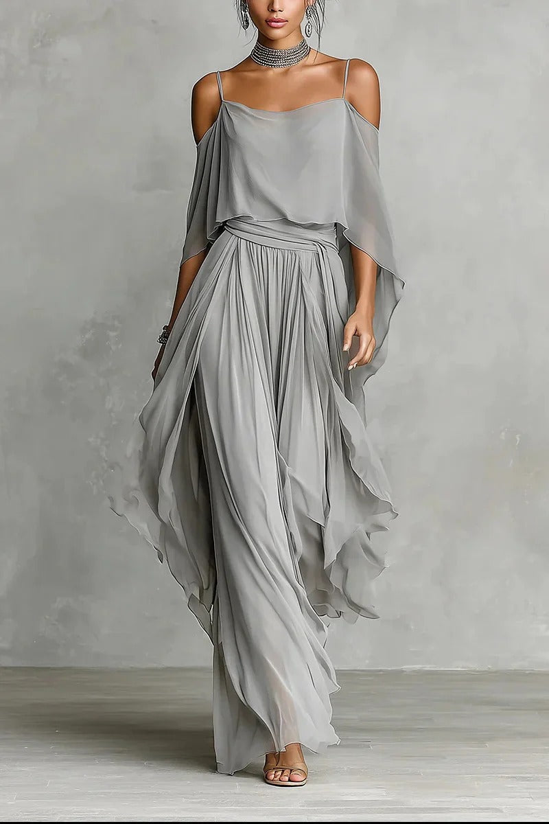 Grey Chiffon Cold-Shoulder Two-Piece Set