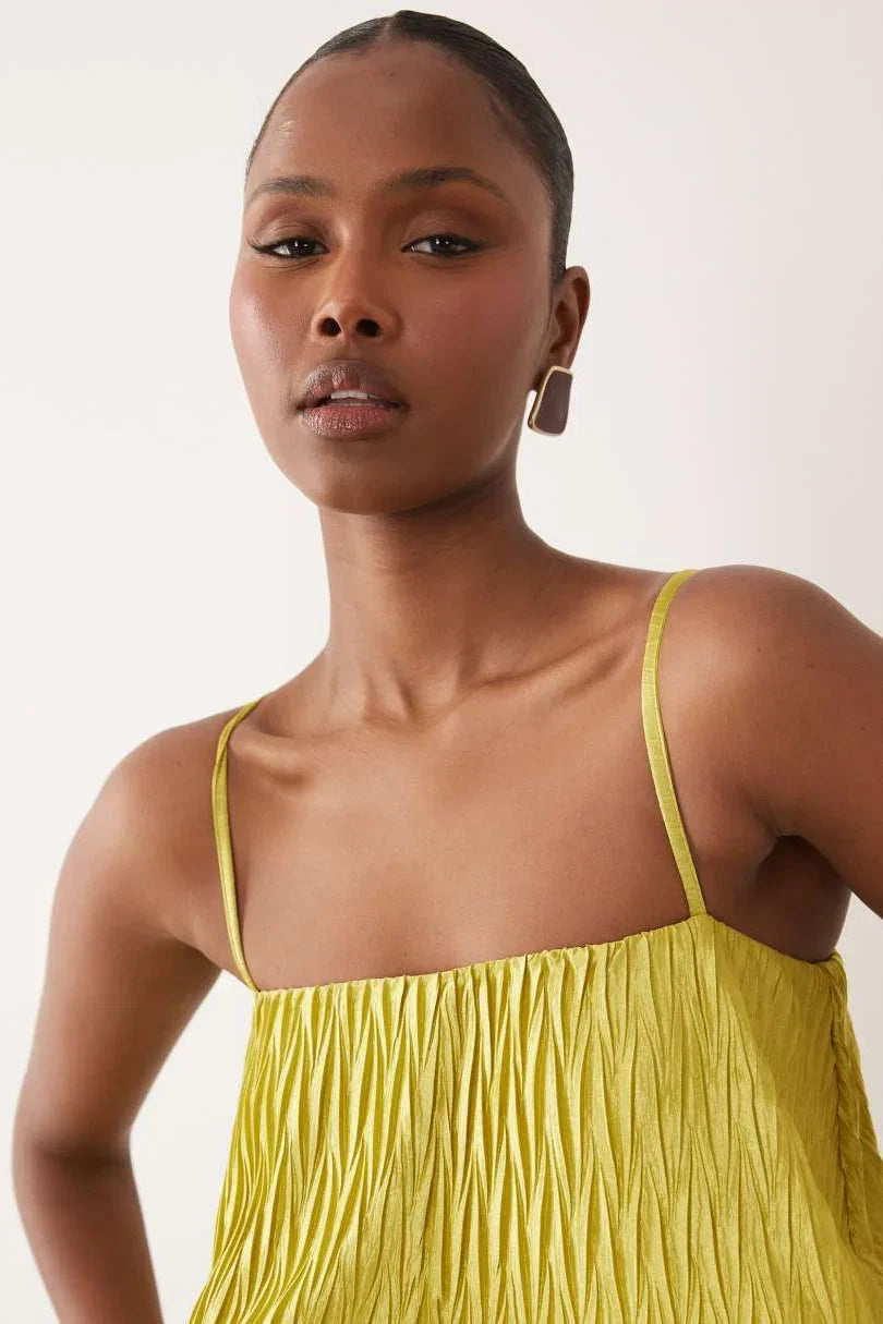 Lime Zigzag Plisse Tiered Trapeze Maxi Dress