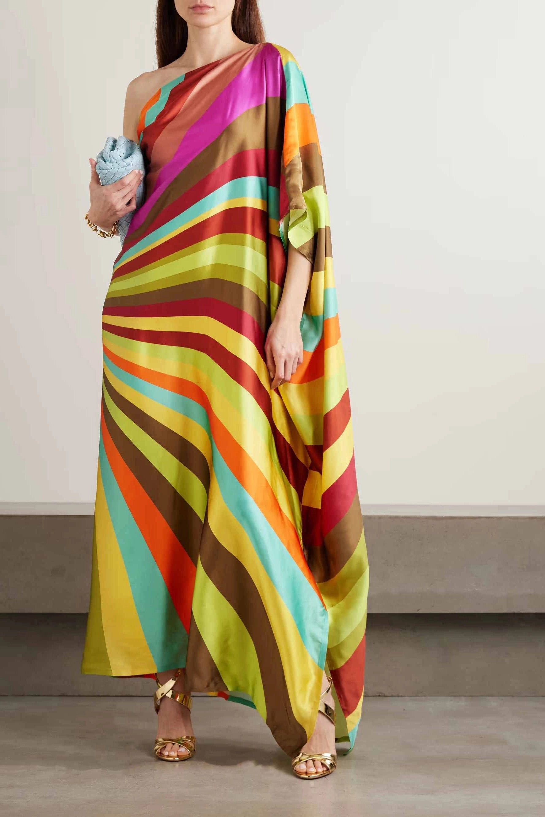 Color Stripe One-Shoulder Flowy Maxi Dress