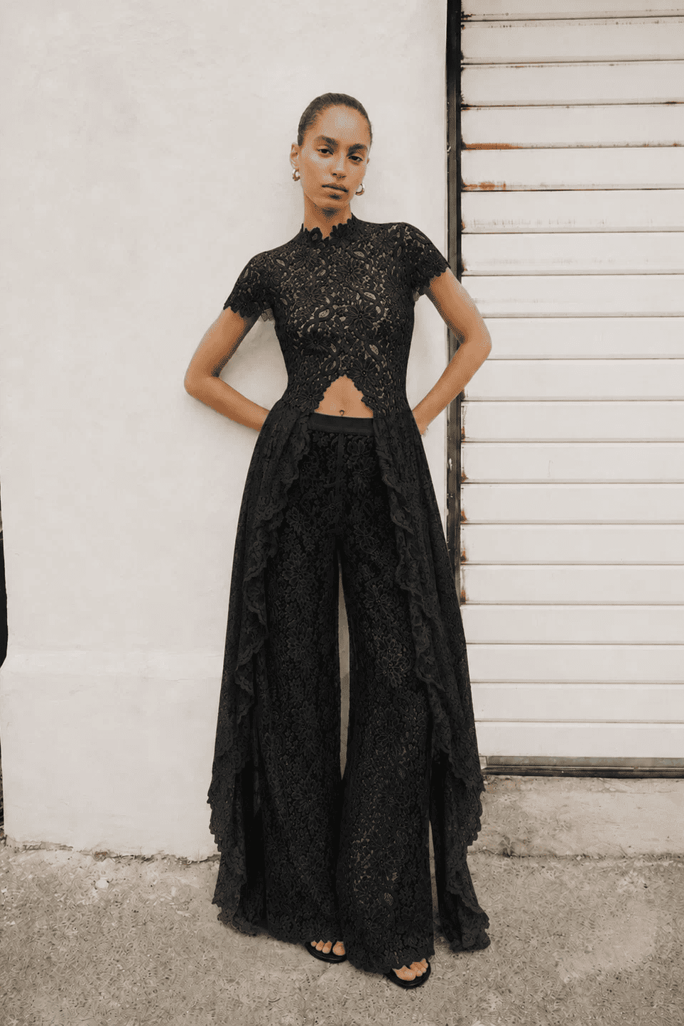 Black Waist Lace Wide-Leg Pants
