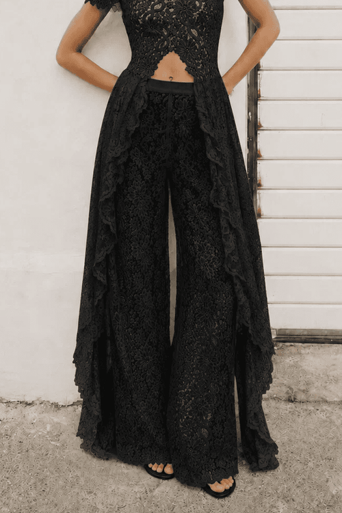 Black Waist Lace Wide-Leg Pants