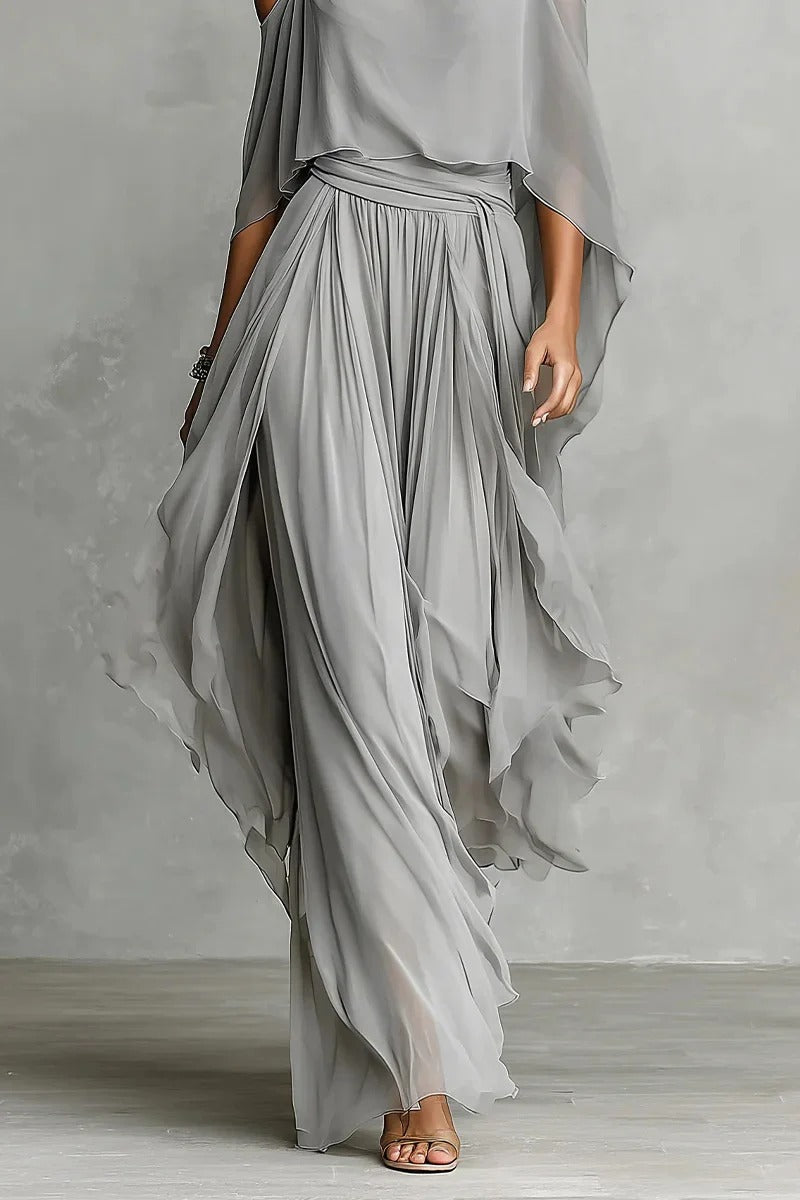 Grey Chiffon Cold-Shoulder Two-Piece Set