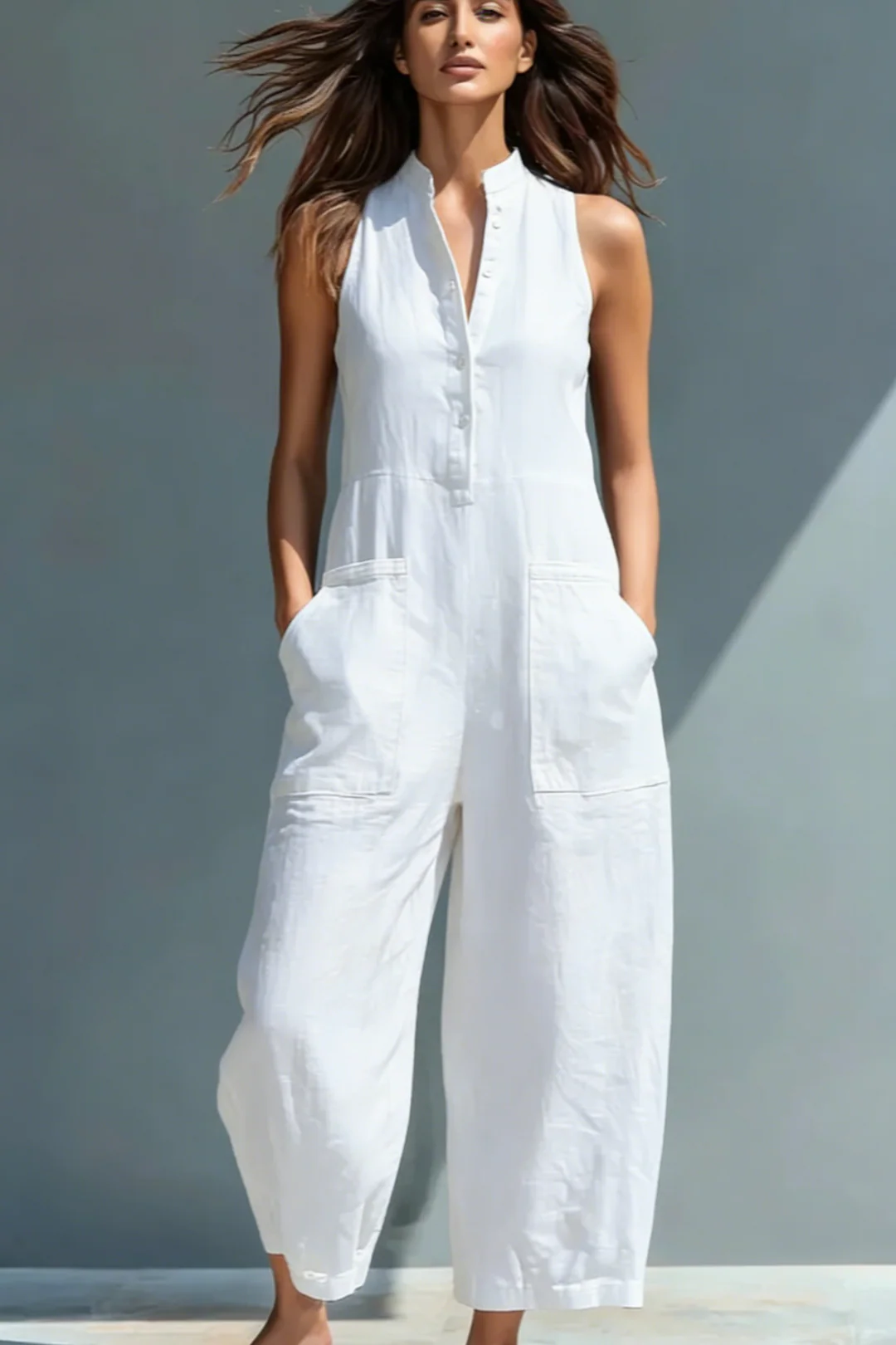 Black Linen Stand Collar Sleeveless Jumpsuit