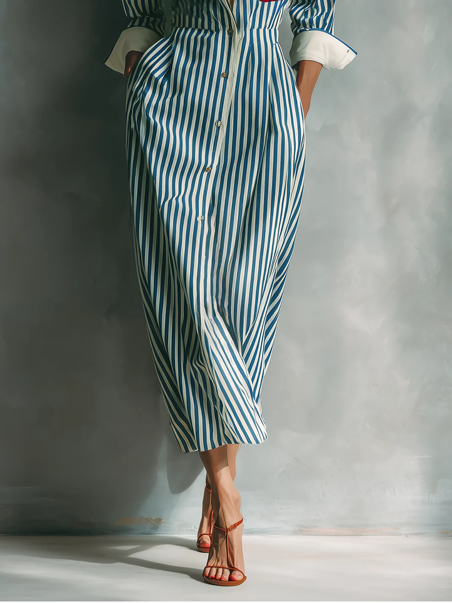 Blue And White Cotton Striped Shirt Dress