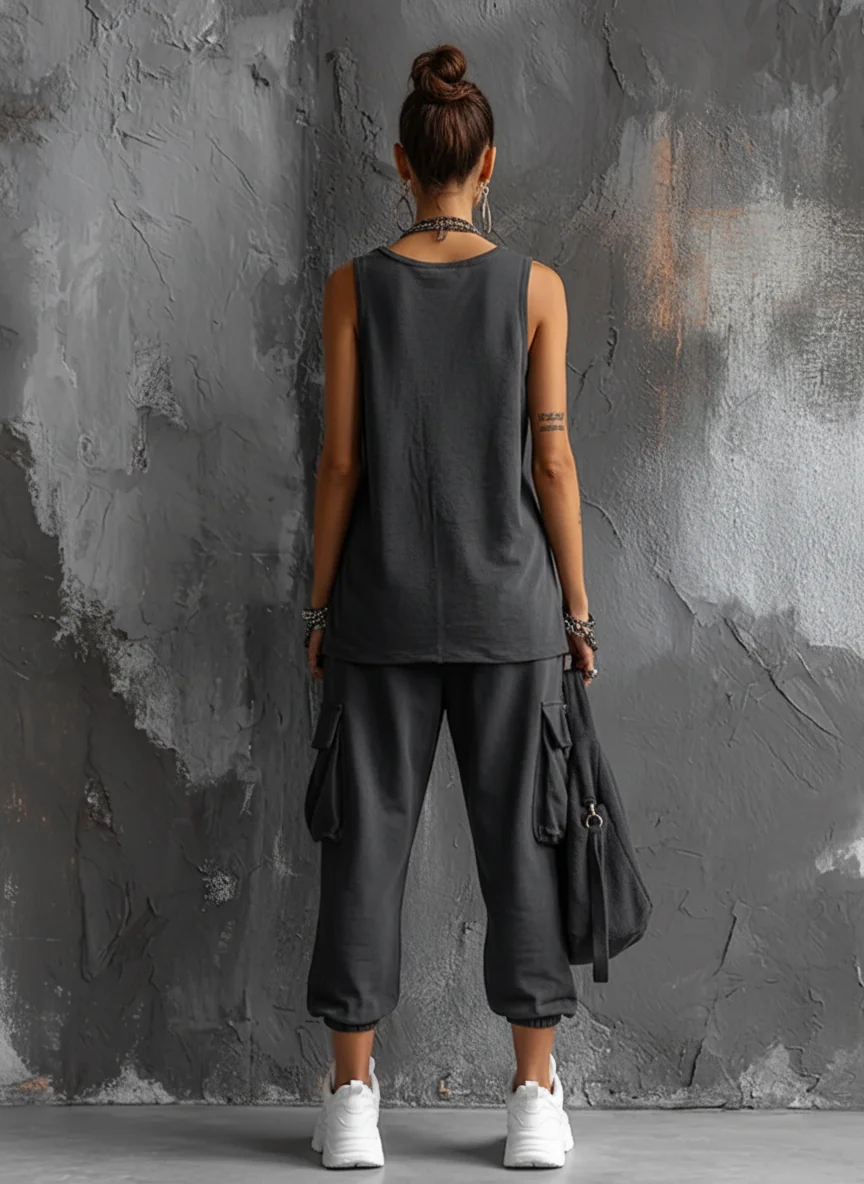 Dark Gray Cotton Sleeveless Top + Jogger Set