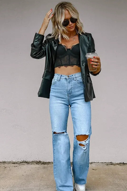 Light Blue Distressed Wide Leg Jeans