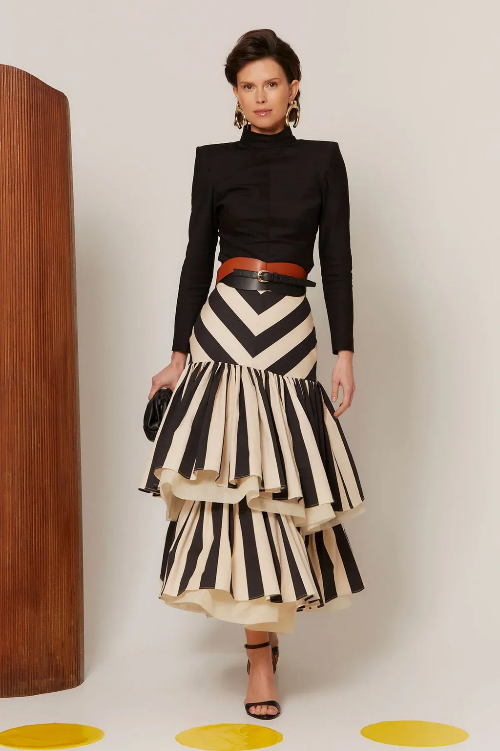 Black Cream Striped Tiered Ruffle Midi Skirt