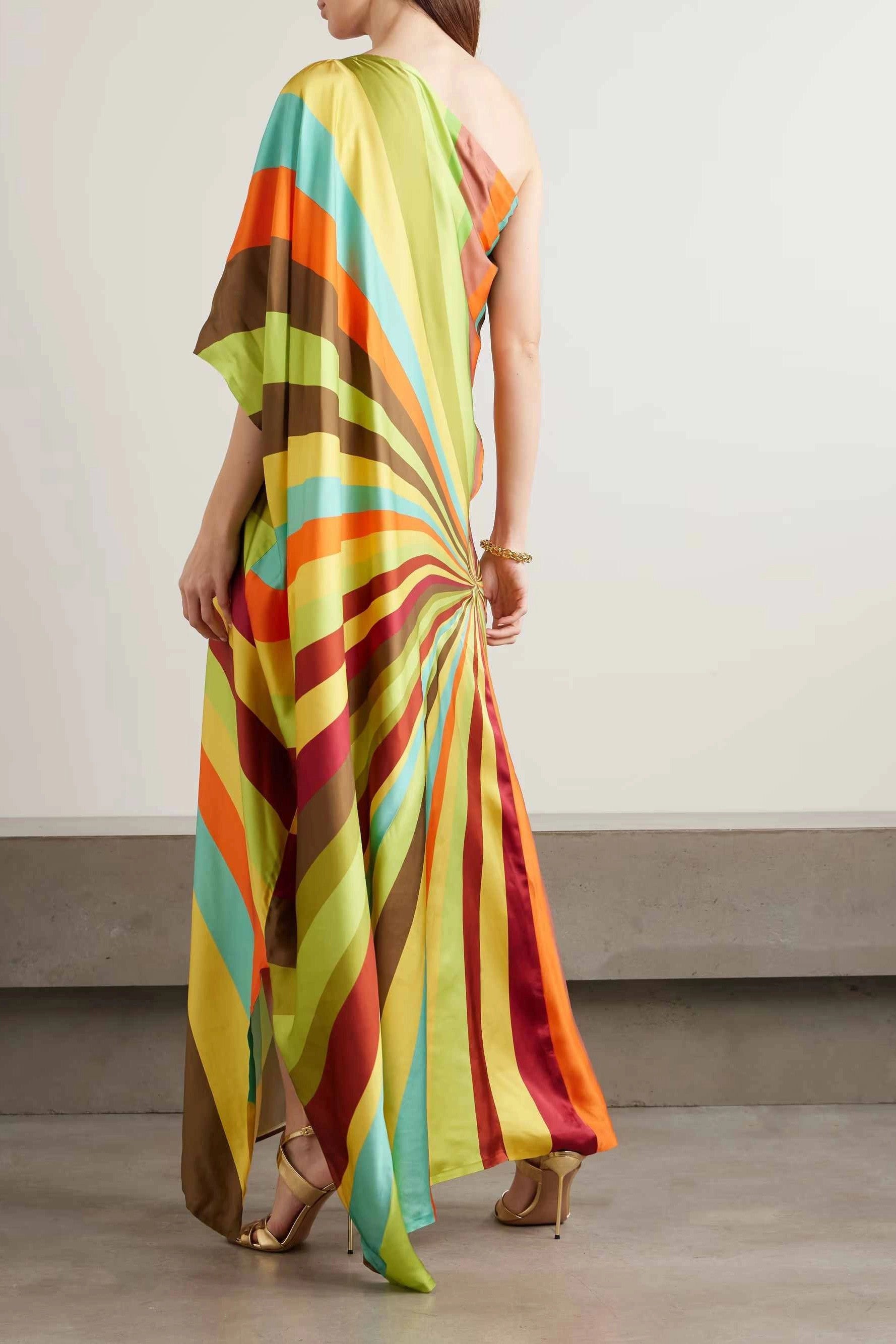 Color Stripe One-Shoulder Flowy Maxi Dress