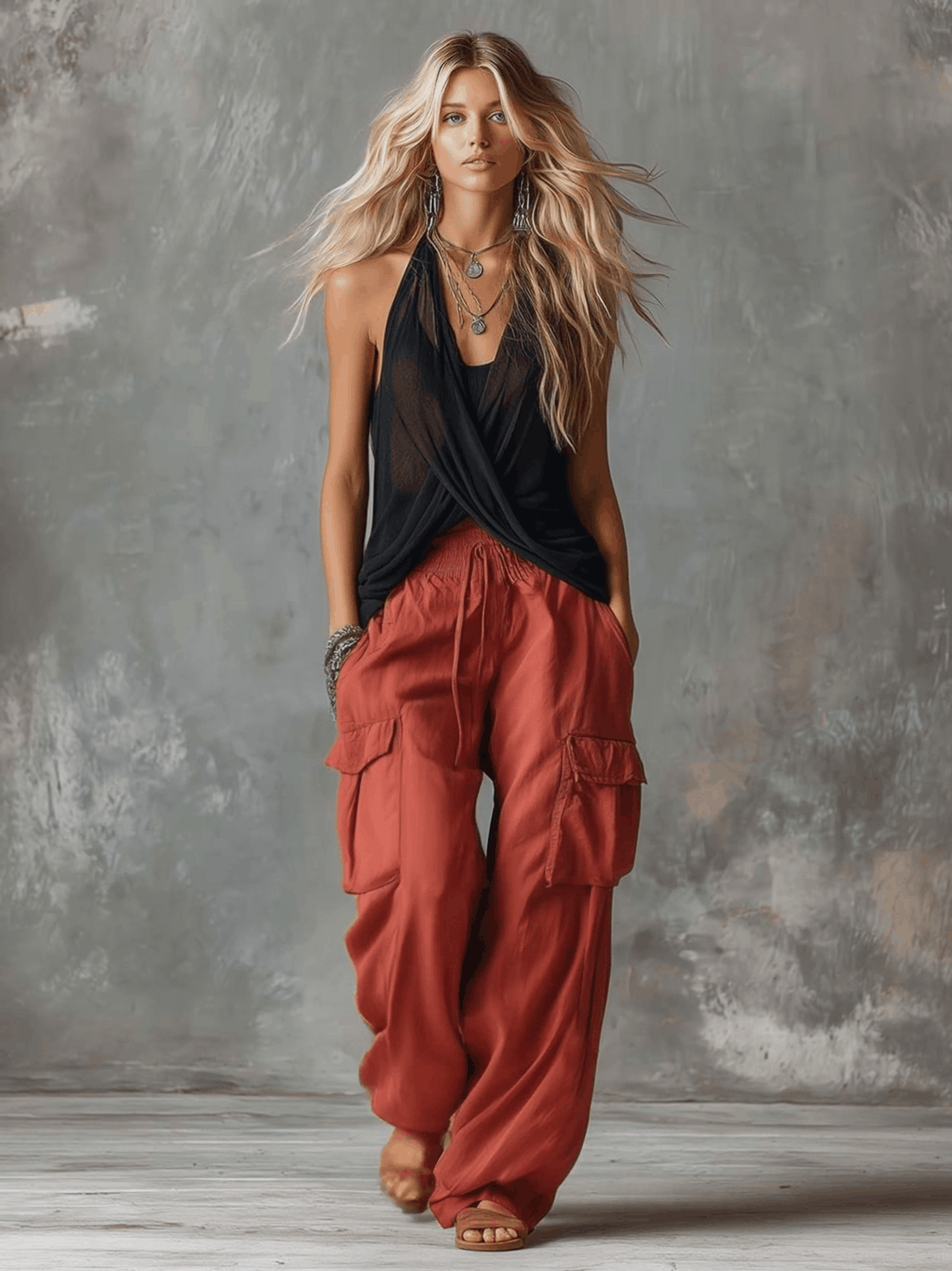 Black Mesh V-Neck Top & Red Cargo Pants Set