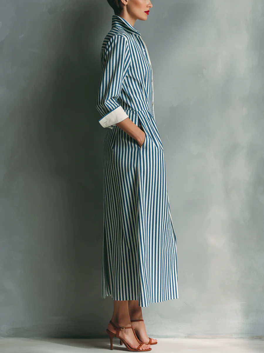 Blue And White Cotton Striped Shirt Dress