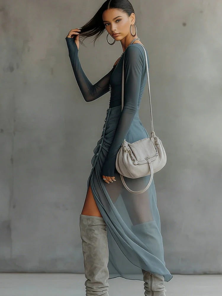 Asymmetrical Sheer Gray Cutout Set