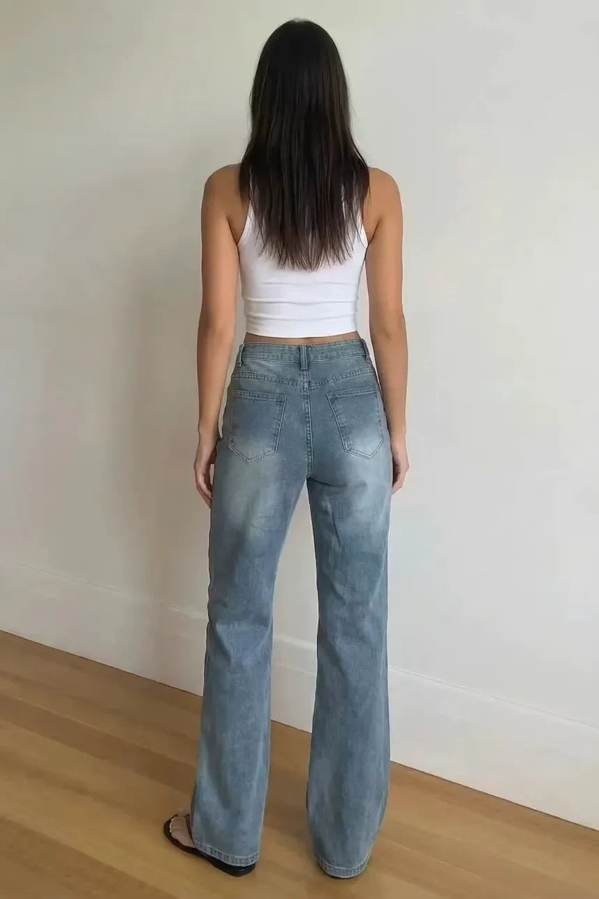 Light Blue Button Detail Wide Leg Jeans