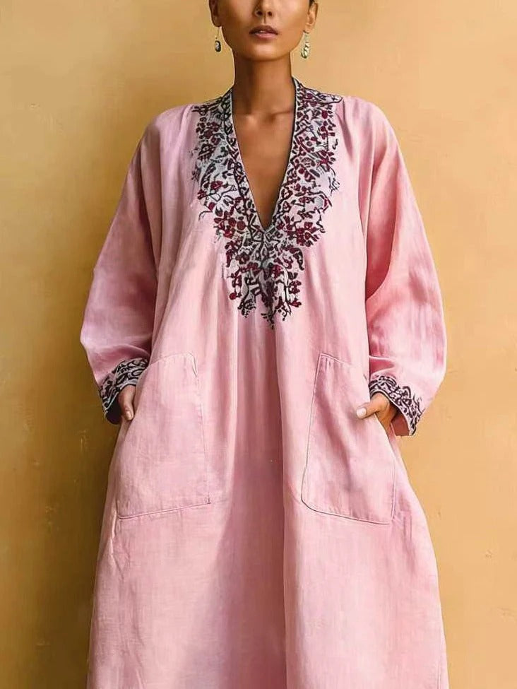 Pink Minimalist Print V-neck Loose Maxi Dress