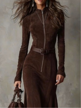 Brown Vintage Zipper Belted Midi Dress