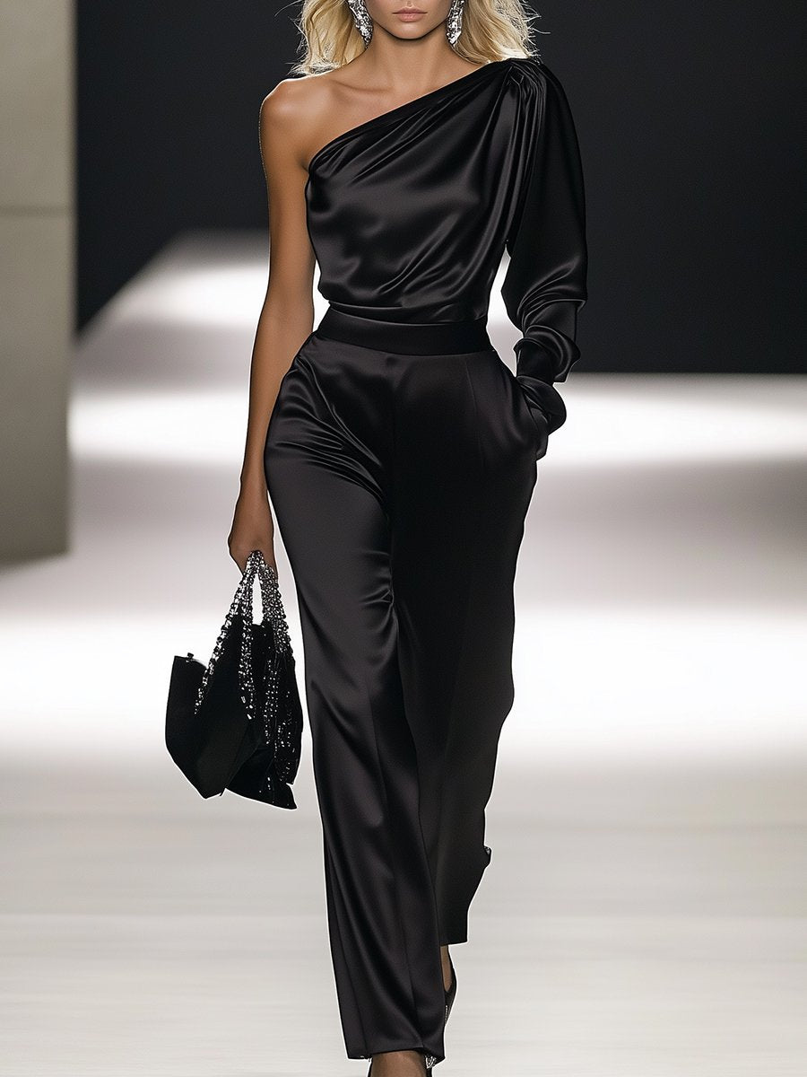 Off-the-shoulder Satin Long-sleeved Jumpsuit