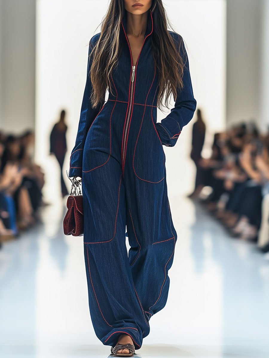 Loose Red Denim Wide Leg Long Sleeve Jumpsuit
