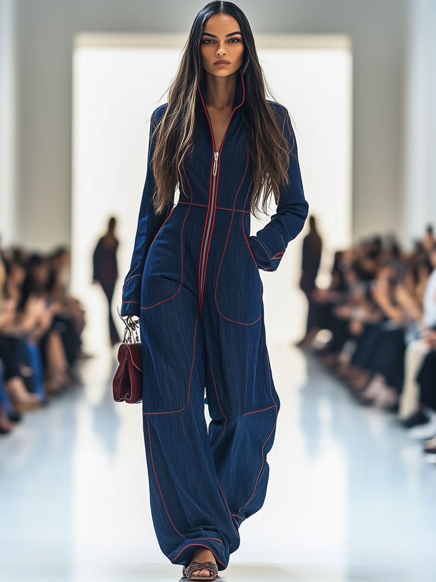Loose Red Denim Wide Leg Long Sleeve Jumpsuit