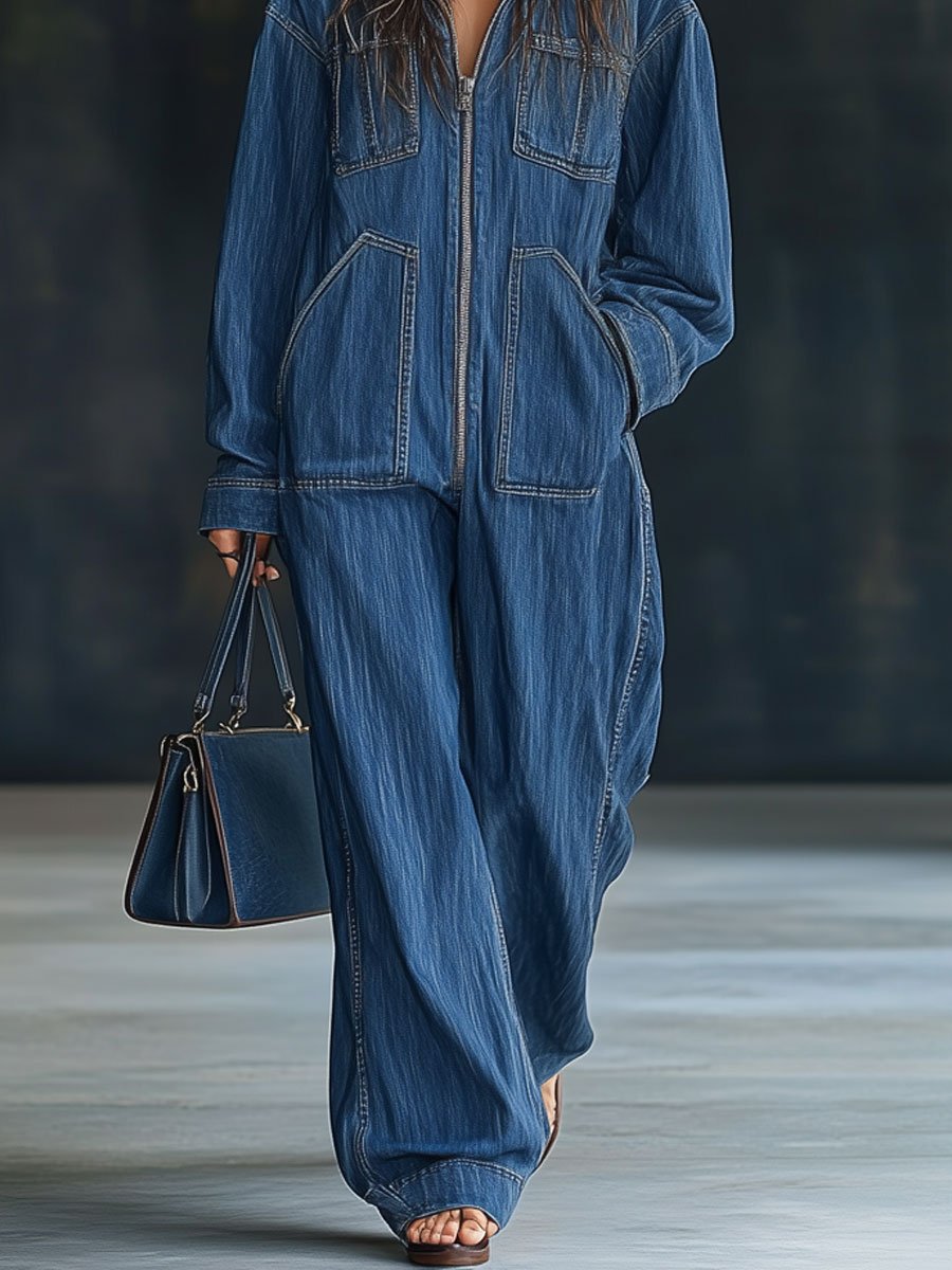 Loose Retro Pocket Long Sleeve Denim Jumpsuit