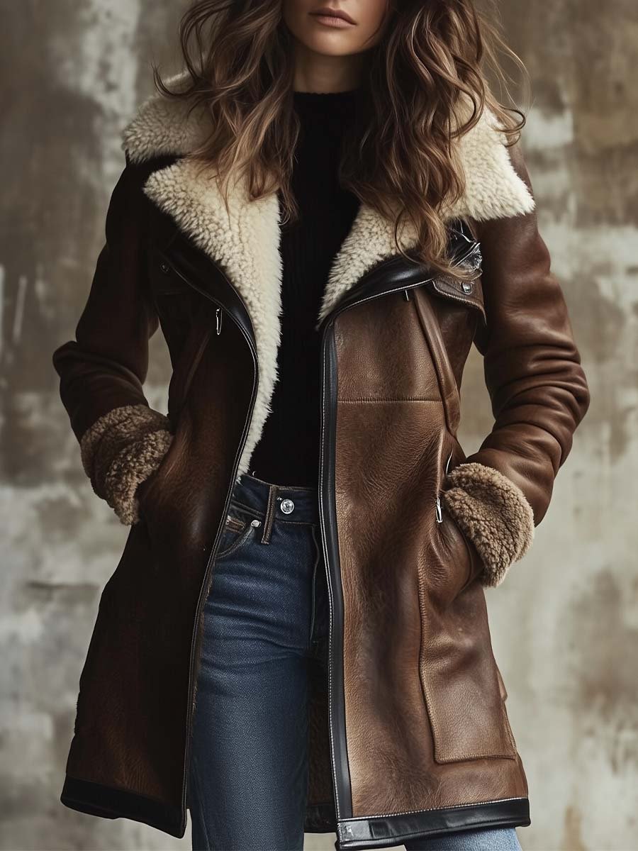 Vintage Contrast Collar Faux Leather Coat