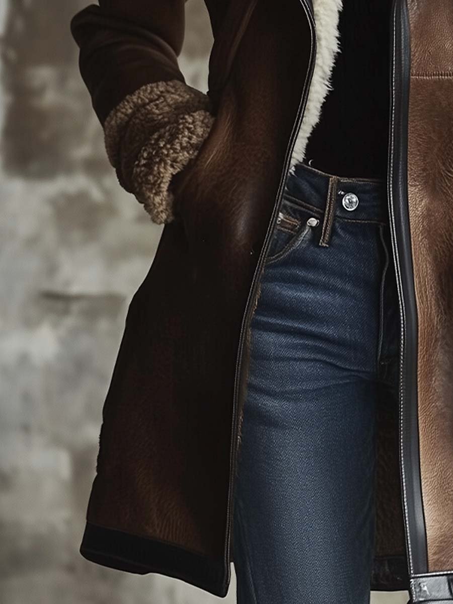 Vintage Contrast Collar Faux Leather Coat