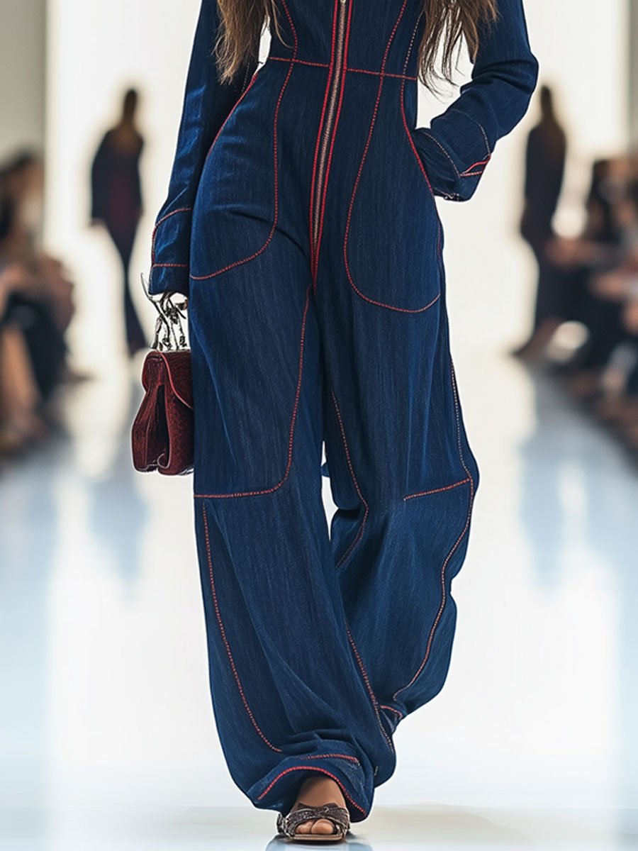 Loose Red Denim Wide Leg Long Sleeve Jumpsuit