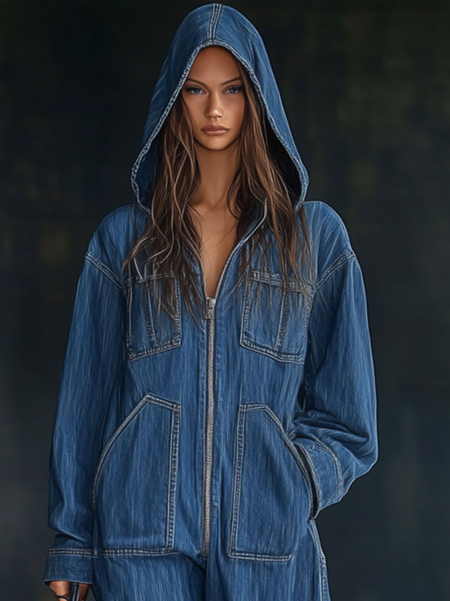 Loose Retro Pocket Long Sleeve Denim Jumpsuit