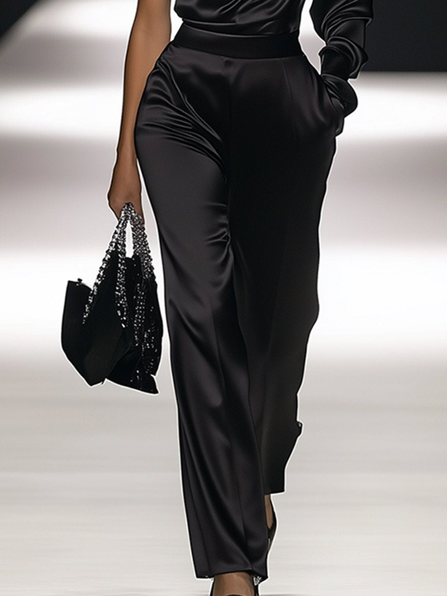 Off-the-shoulder Satin Long-sleeved Jumpsuit