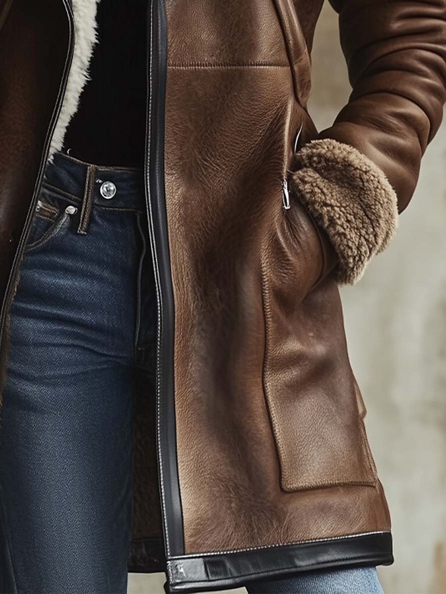 Vintage Contrast Collar Faux Leather Coat