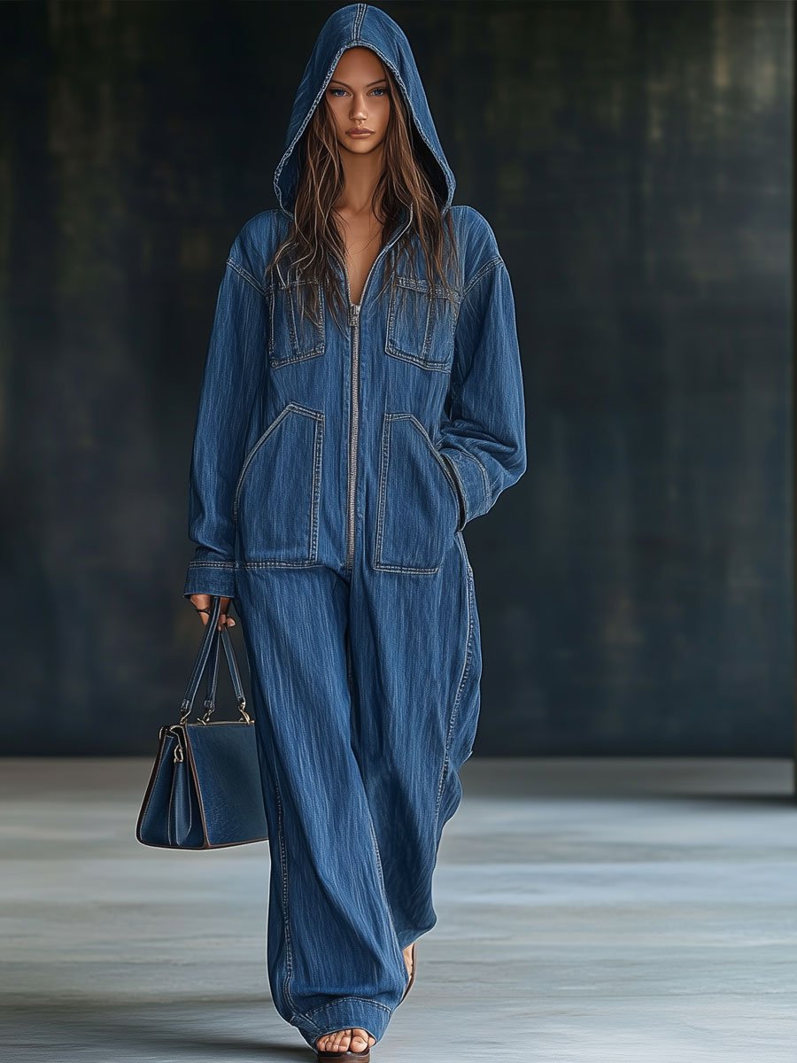 Loose Retro Pocket Long Sleeve Denim Jumpsuit