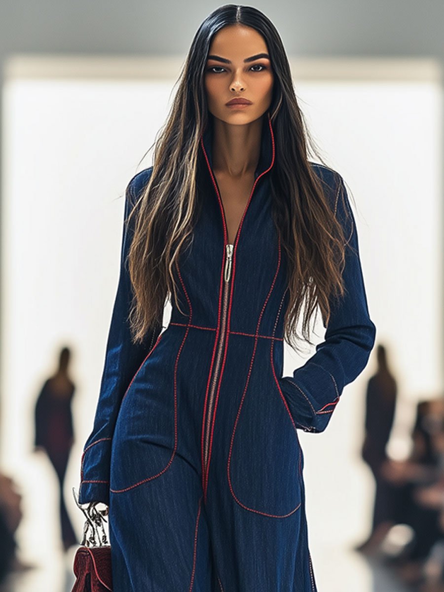 Loose Red Denim Wide Leg Long Sleeve Jumpsuit