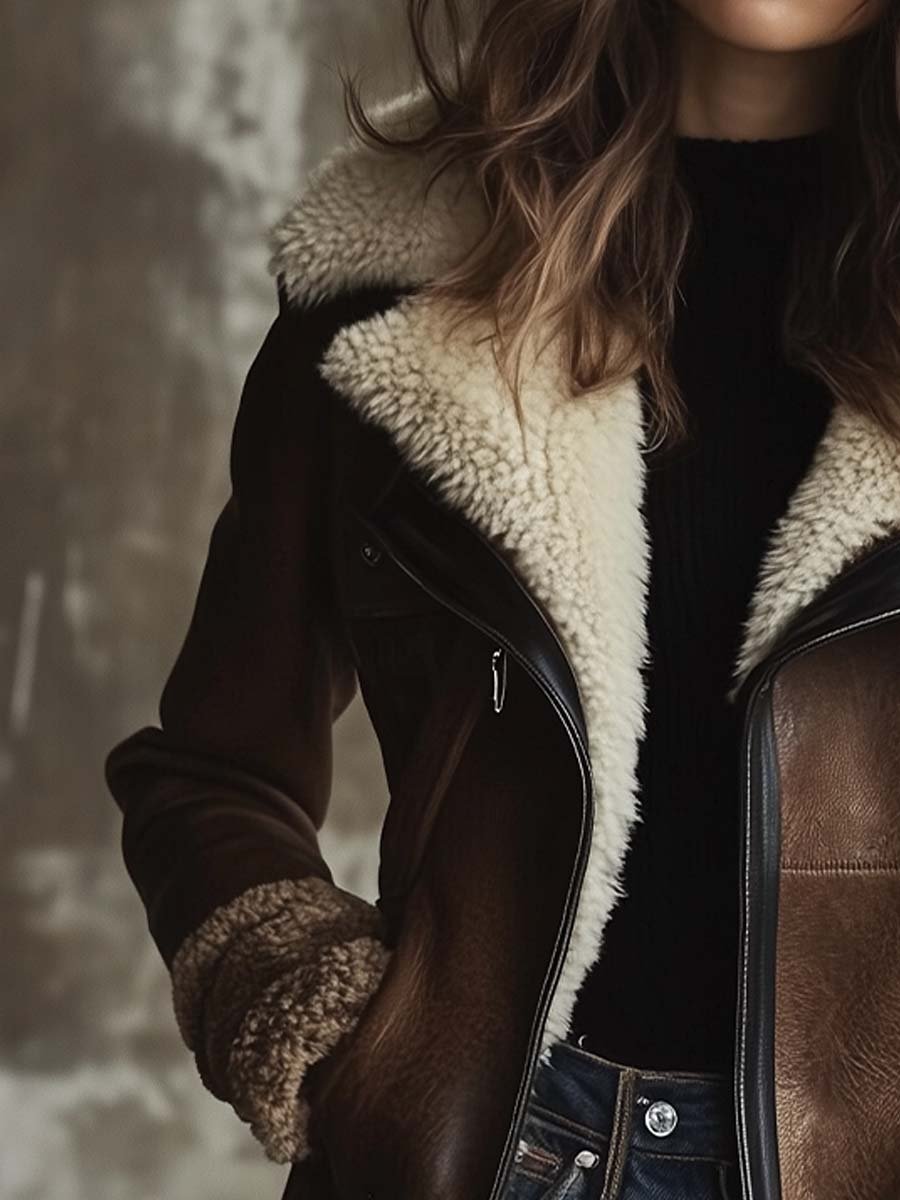 Vintage Contrast Collar Faux Leather Coat