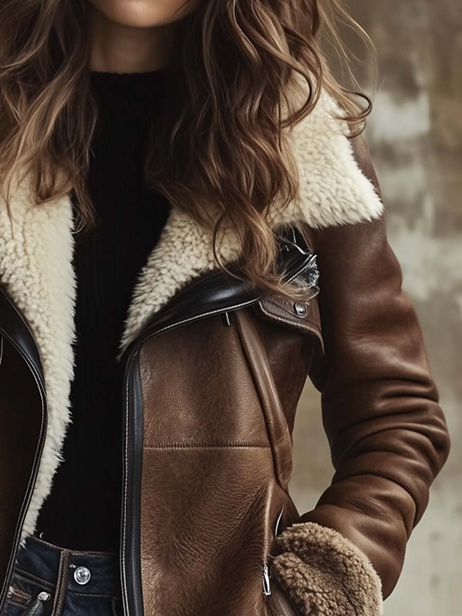 Vintage Contrast Collar Faux Leather Coat