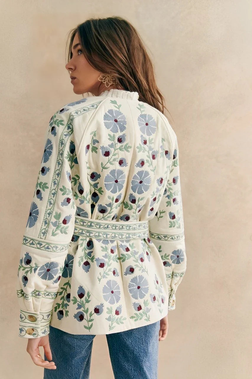Street Flowers Lace Up Patchwork O Neck Outerwear