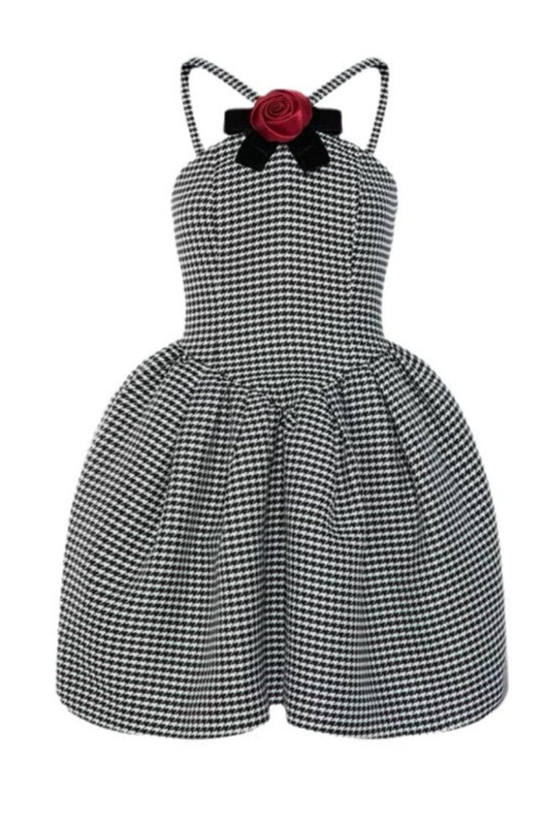 Mona Houndstooth Rose Bow A-line Mini Dress