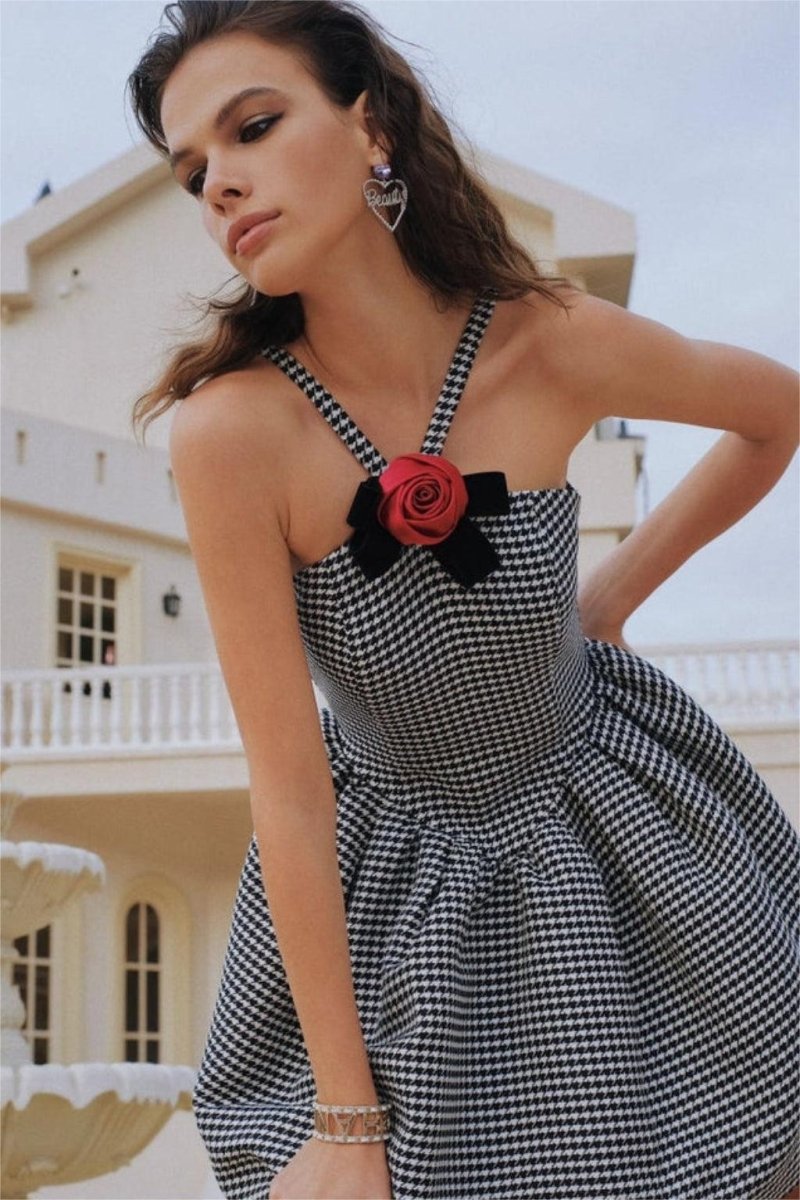 Mona Houndstooth Rose Bow A-line Mini Dress