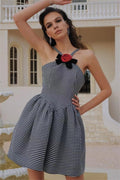 Mona Houndstooth Rose Bow A-line Mini Dress