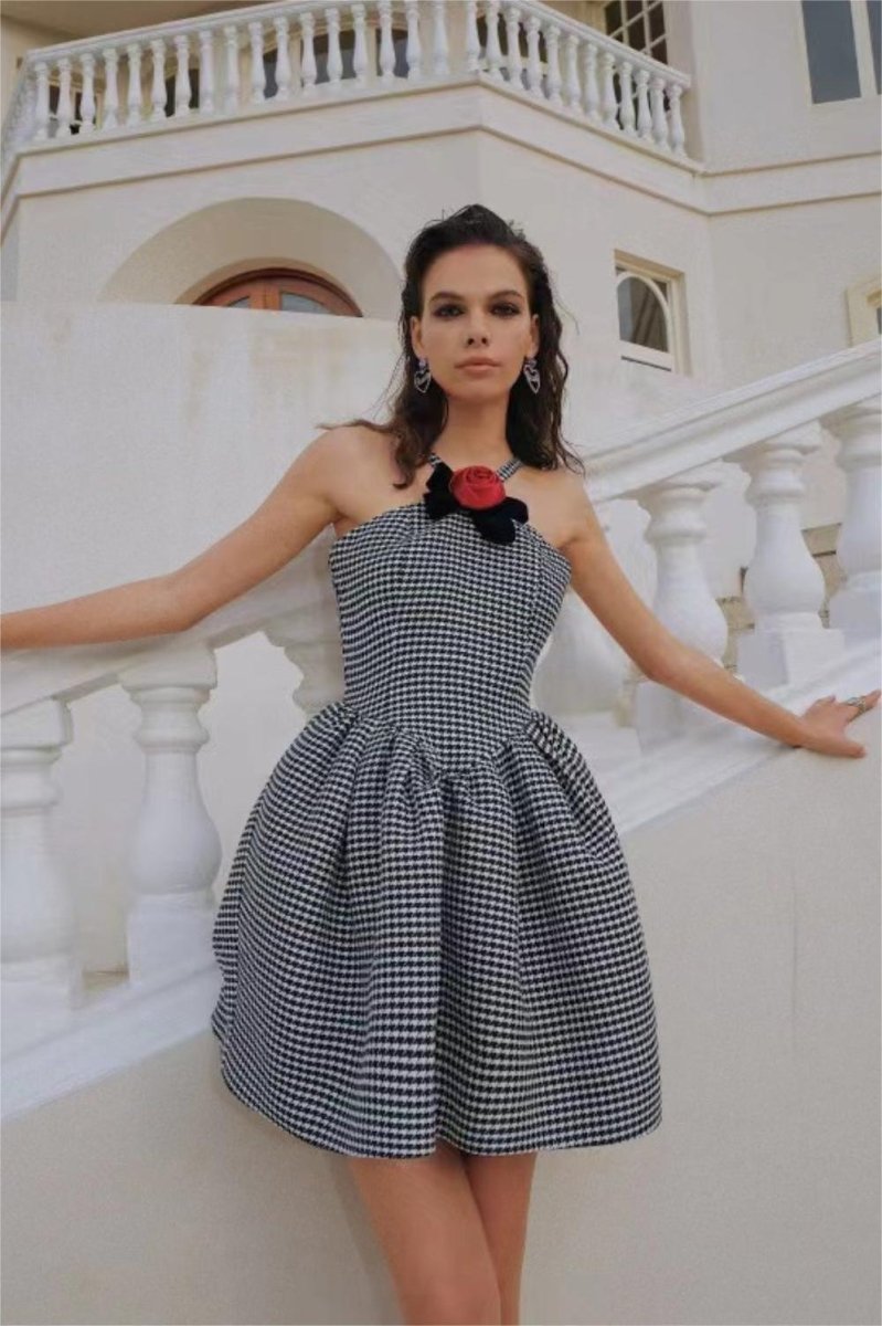 Mona Houndstooth Rose Bow A-line Mini Dress