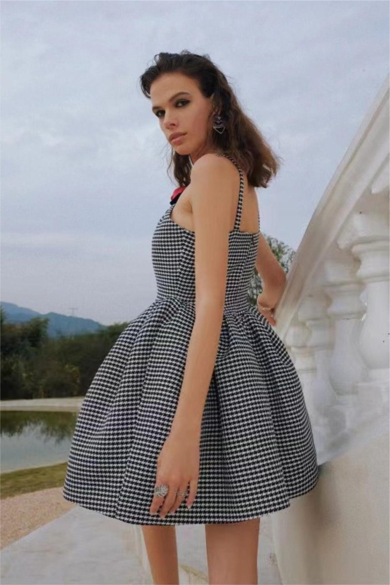 Mona Houndstooth Rose Bow A-line Mini Dress