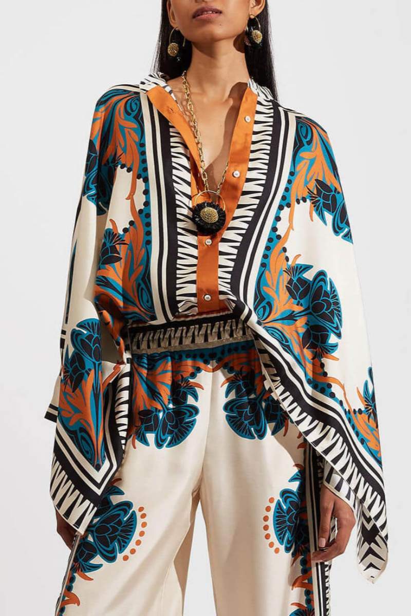 Satin Floral Print Batwing Pants Set - Orange