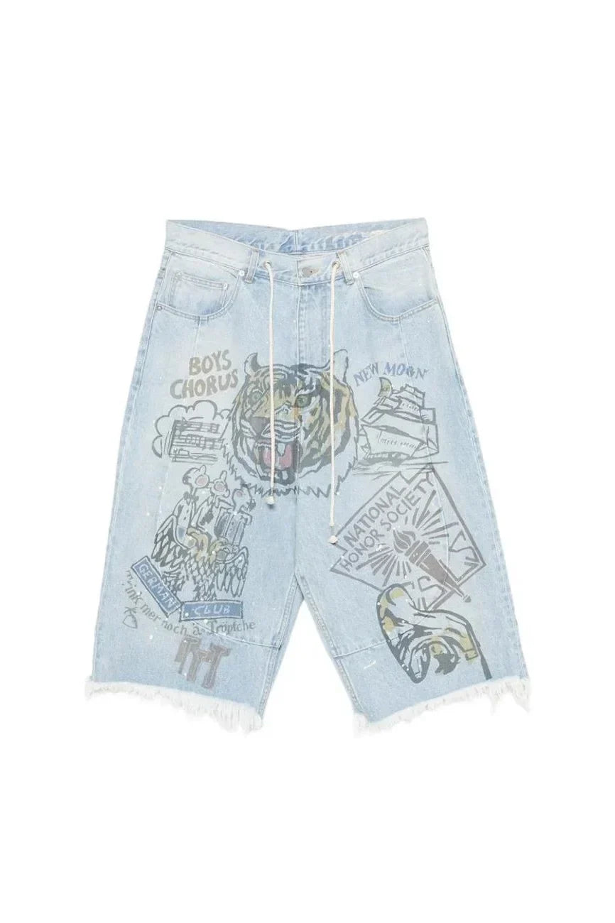 Light Blue Graphic Print Wide Leg Jeans
