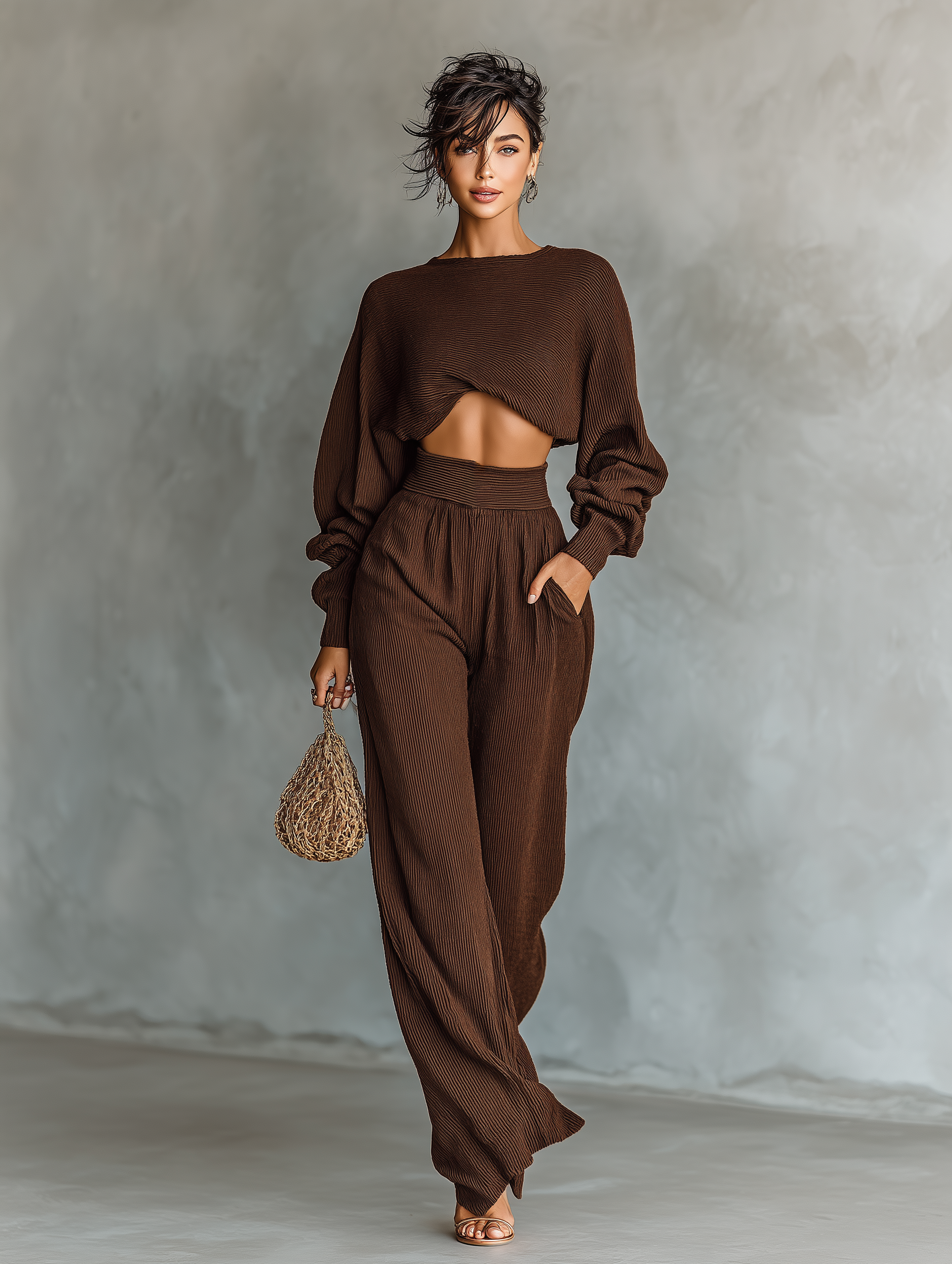 Coffee-colored Top And Wide-leg Pants Knitted Set