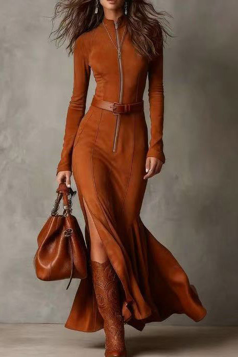 Dark Brown Suede Drawstring Irregular Midi Dress