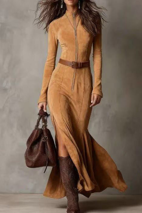 Dark Brown Suede Drawstring Irregular Midi Dress