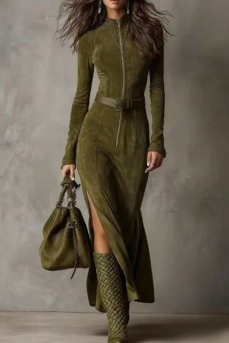 Dark Brown Suede Drawstring Irregular Midi Dress