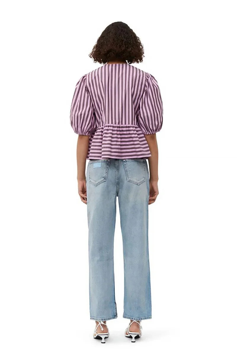 Stripes Puff Sleeve Peplum Bow Blouse Short Top