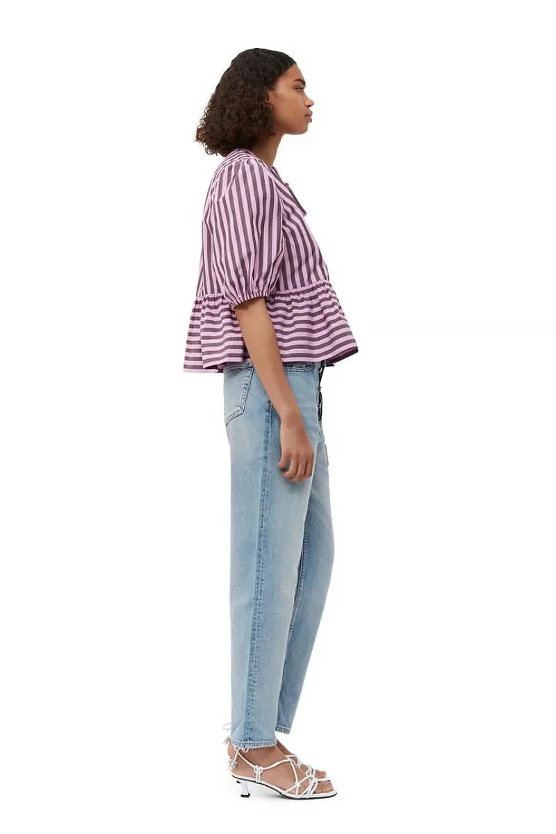 Stripes Puff Sleeve Peplum Bow Blouse Short Top
