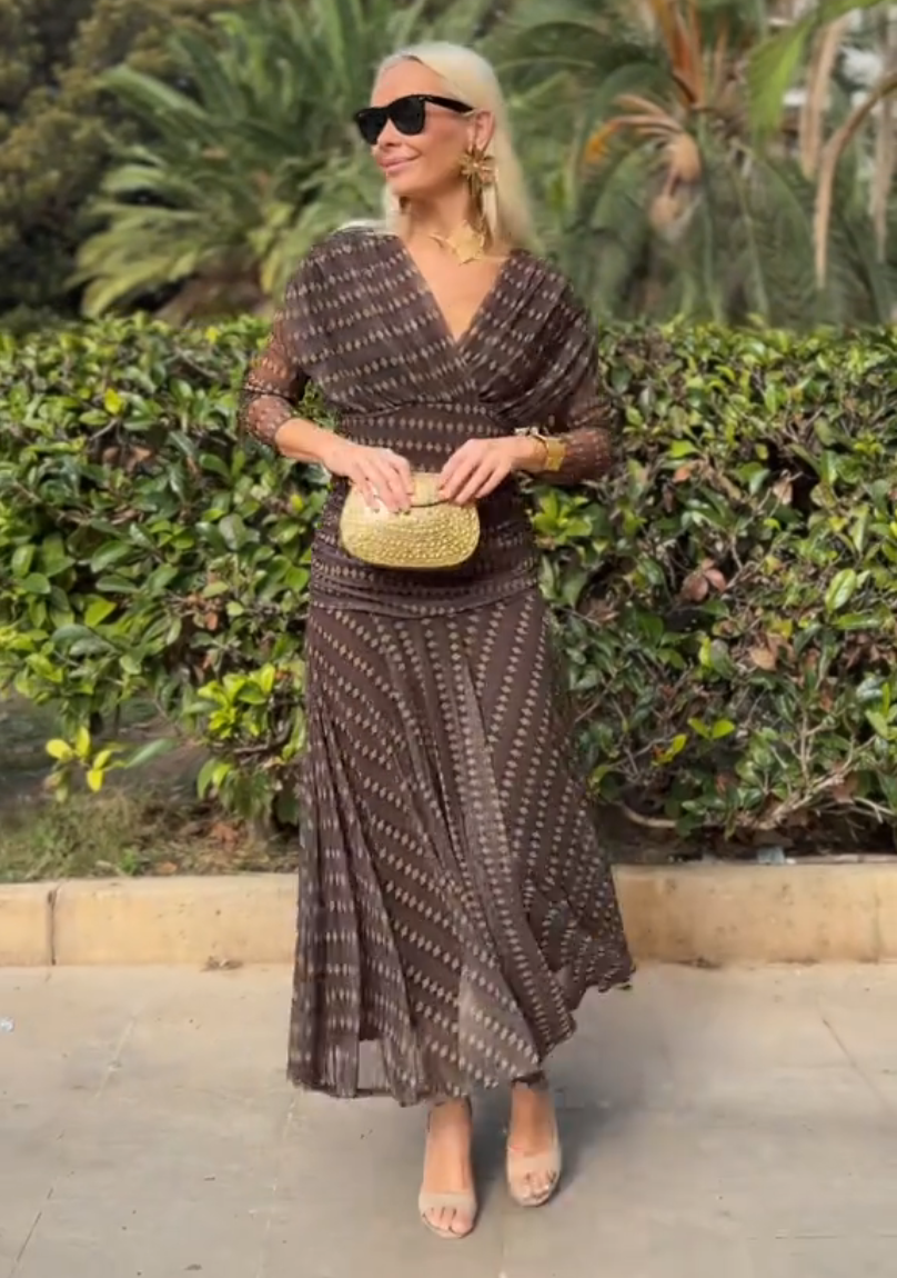 Bohemian Patterned V Neck Mesh Maxi Dress